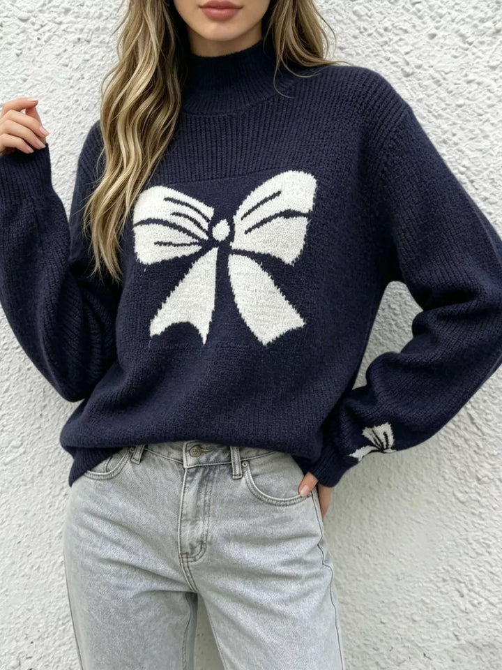 Blue Bow intarsia mock neck knit sweater with drop shoulders