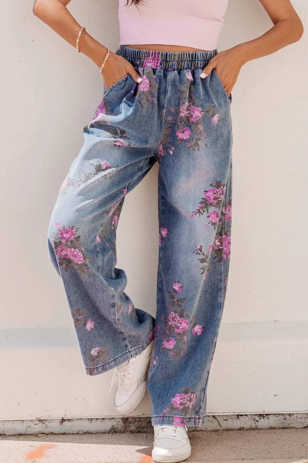 Medium Floral print wide-leg elastic waist pull-on jeans