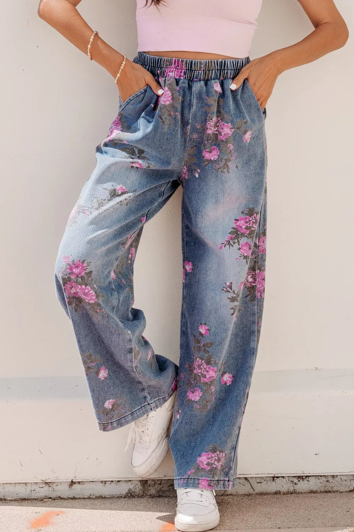 Medium Floral print wide-leg elastic waist pull-on jeans
