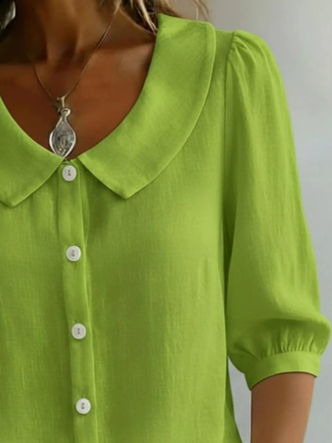 Peter Pan collar button-down blouse with 3/4 sleeves