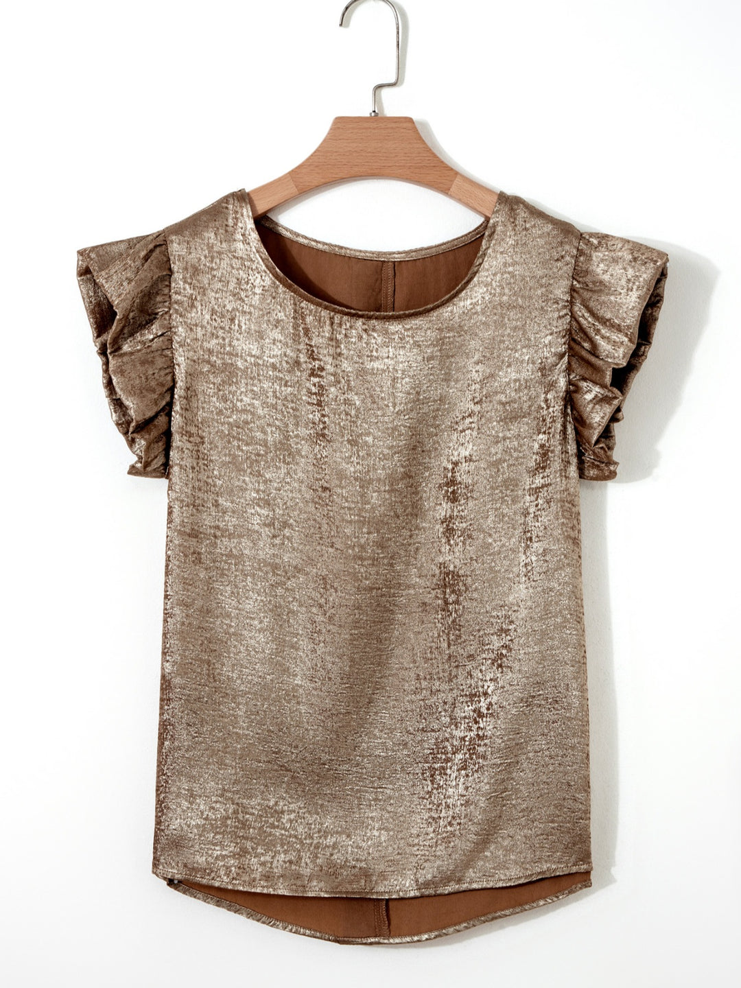 Metallic ruffle cap sleeve round neck top