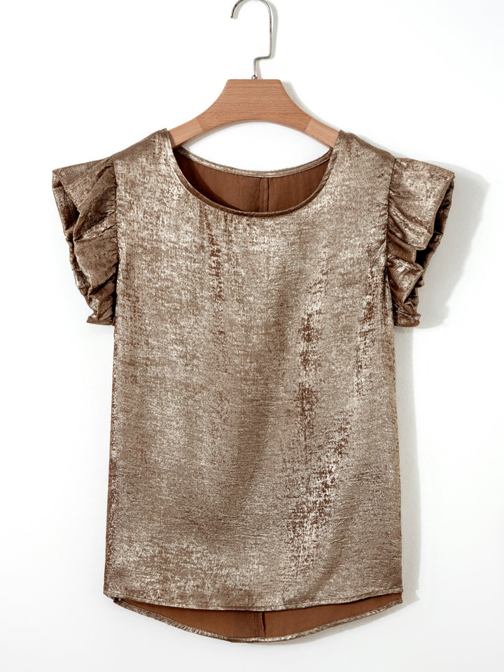 Metallic ruffle cap sleeve round neck top