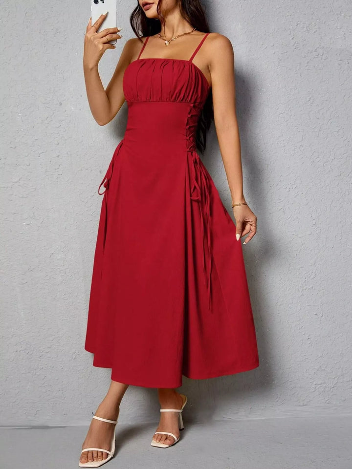Deep Red Lace-up side A-line midi dress with ruched bodice