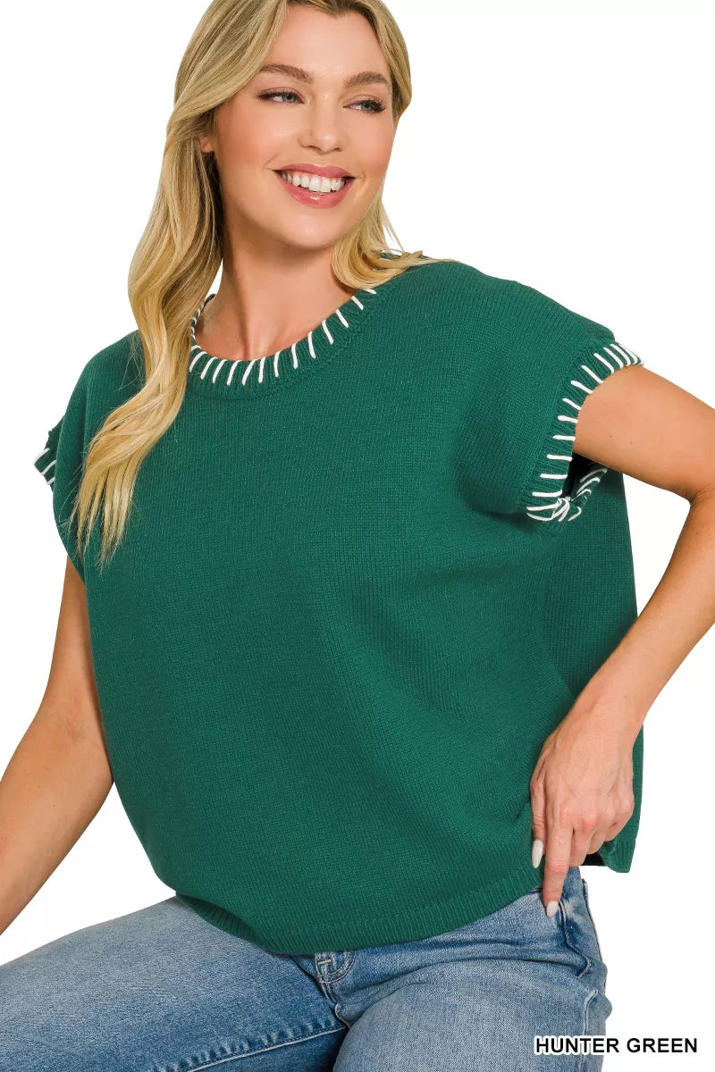 Whipstitch trim oversized short sleeve knit sweater