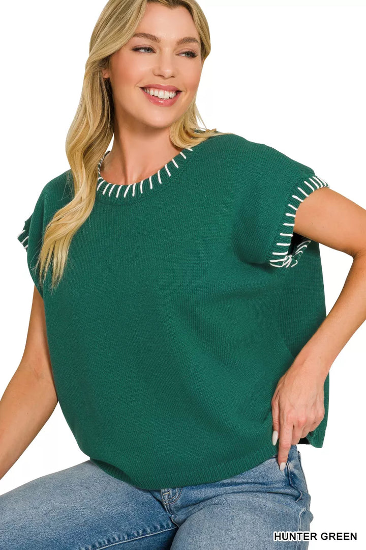 Whipstitch trim oversized short sleeve knit sweater