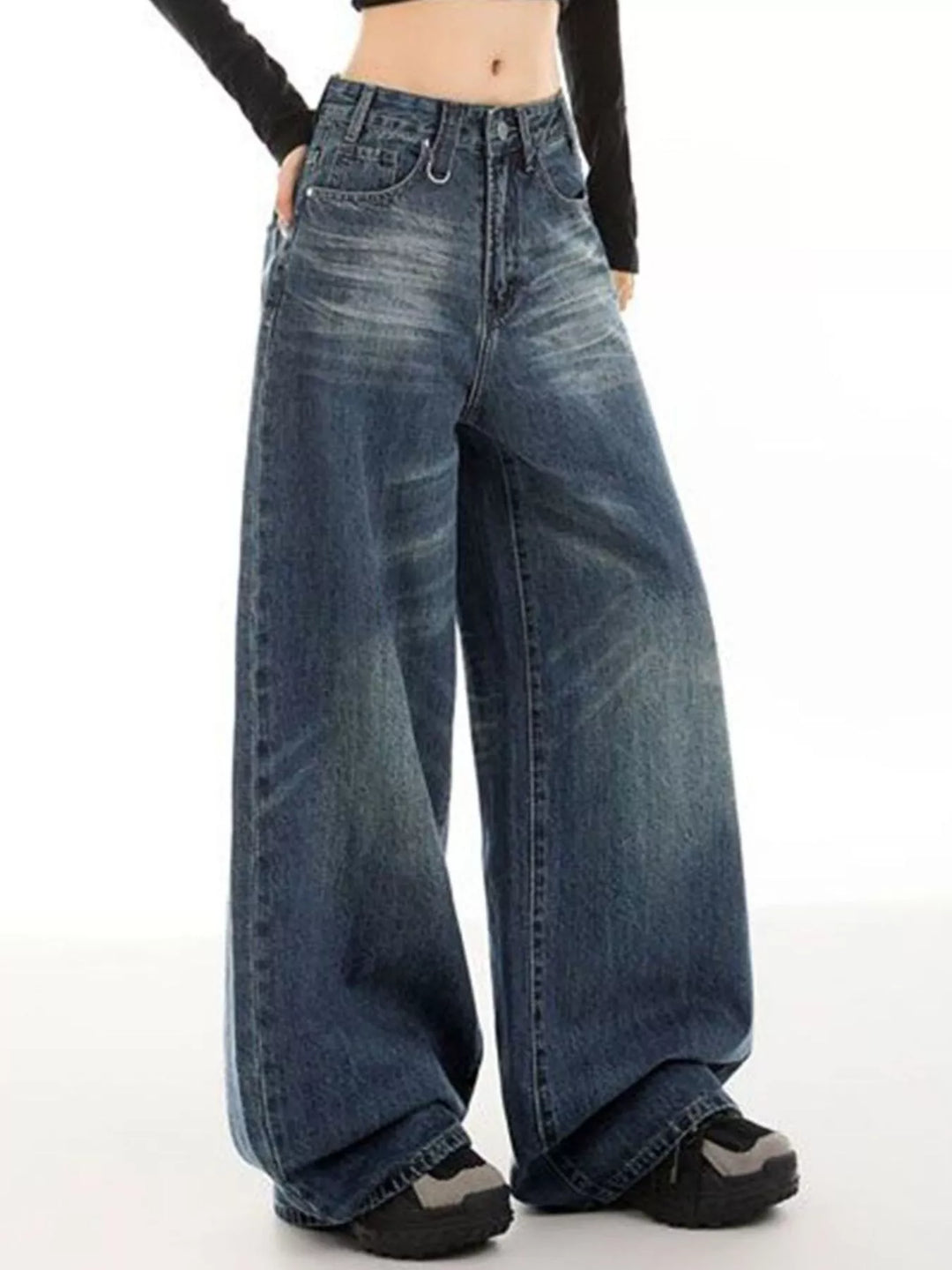 Vintage wash wide-leg jeans with whiskered fade