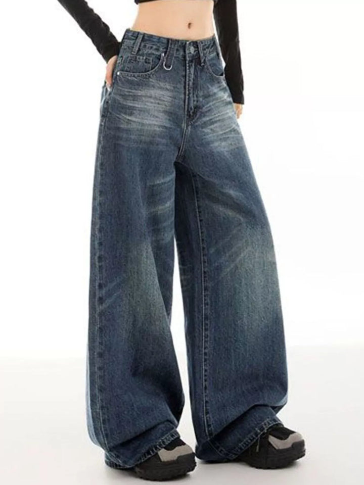Vintage wash wide-leg jeans with whiskered fade