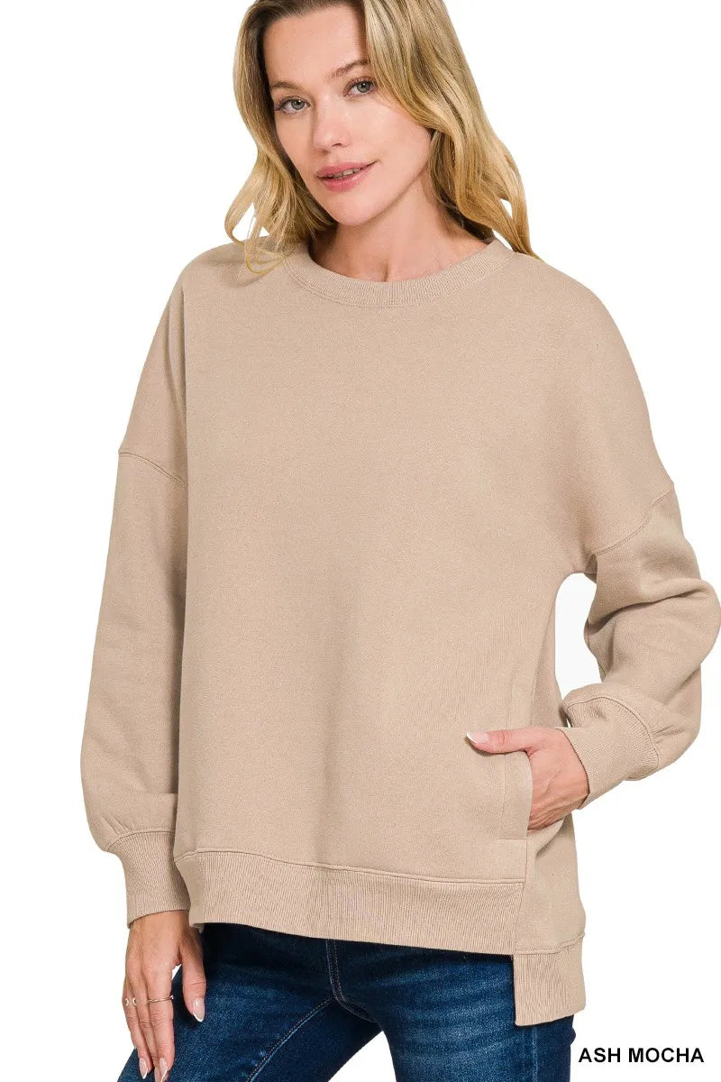 Hi-low fleece boyfriend sweatshirt with side pockets