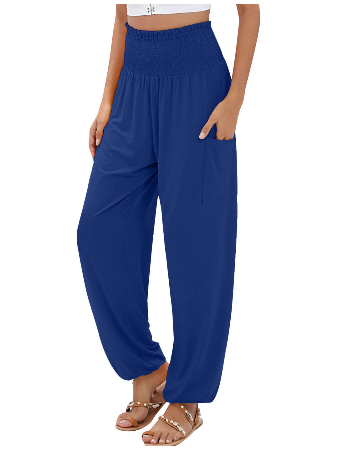 Blue High-rise smocked harem pants with side pockets