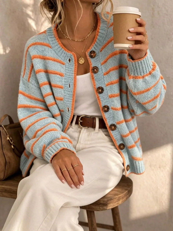 Light Blue Striped button-front knit cardigan with contrast trim