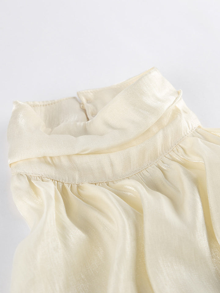 Ruched satin halter top with mock neck and gathered waist