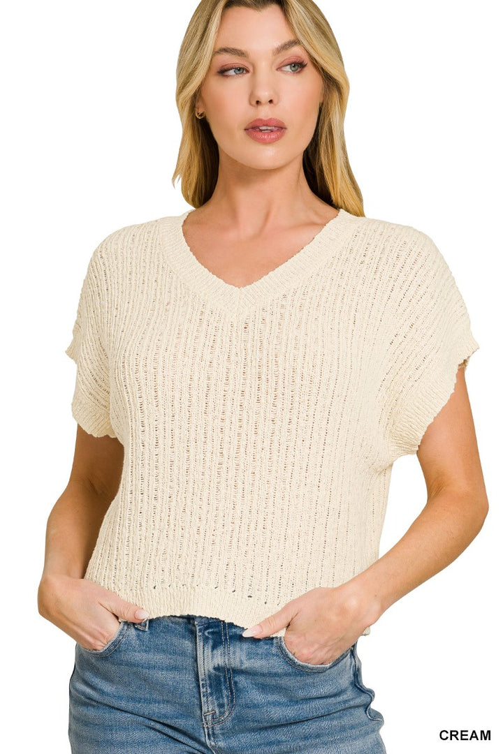Open-knit cropped V-neck sweater with cap sleeves