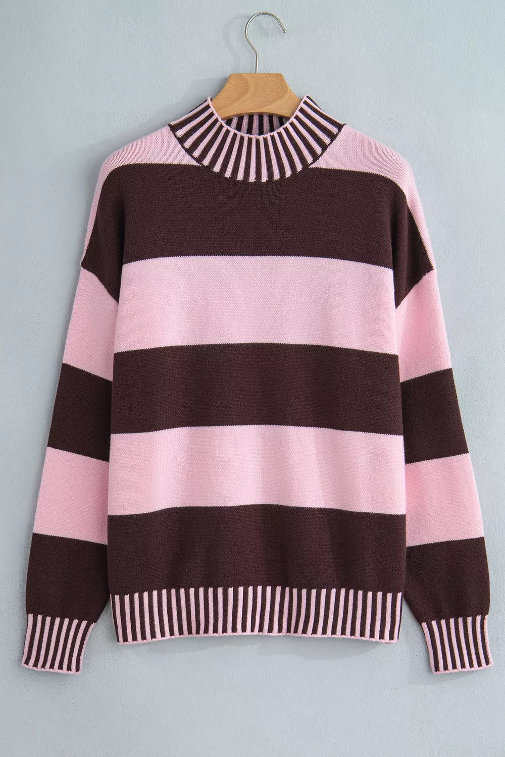 Wide stripe mock neck drop shoulder relaxed sweater