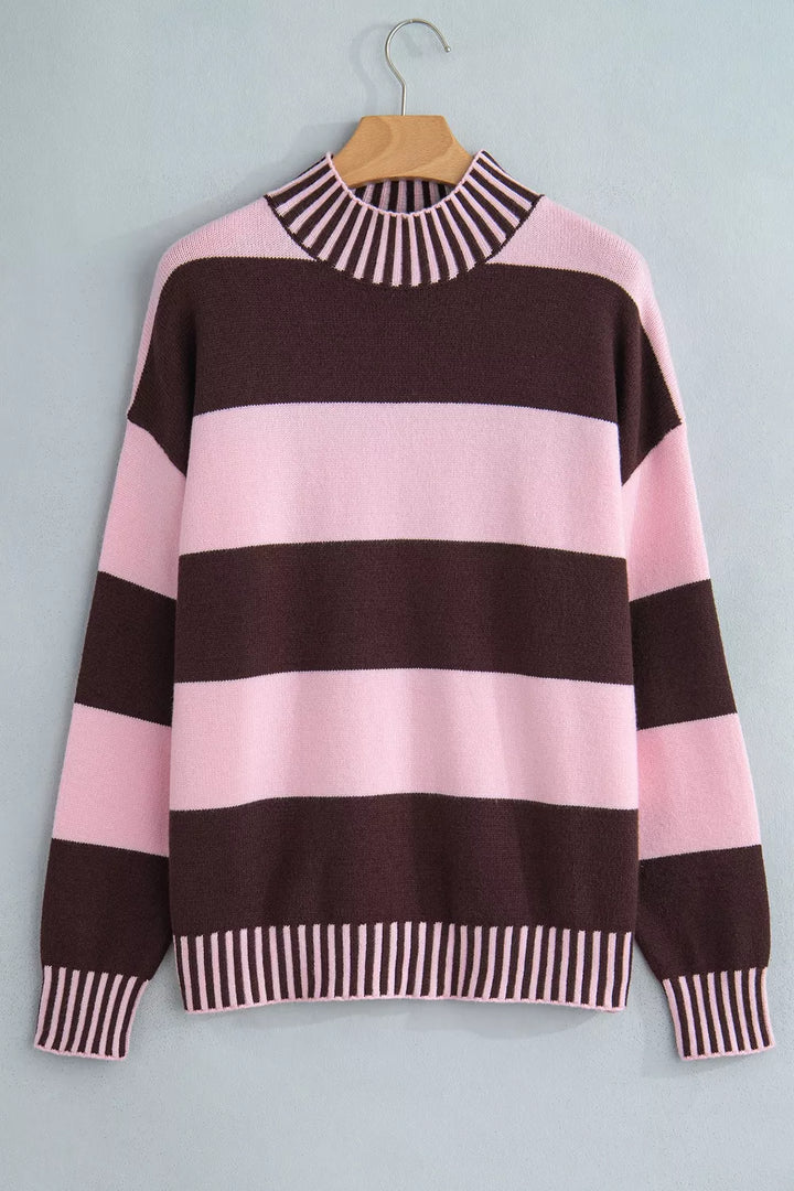 Wide stripe mock neck drop shoulder relaxed sweater