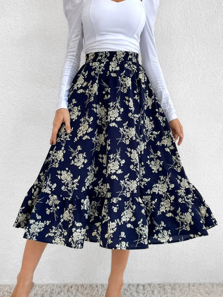 Navy Flared ruffle-tier midi skirt with elastic waist
