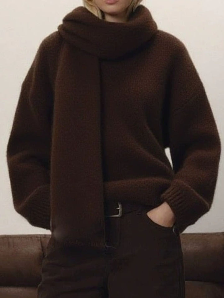 Oversized dropped-shoulder knit sweater with scarf