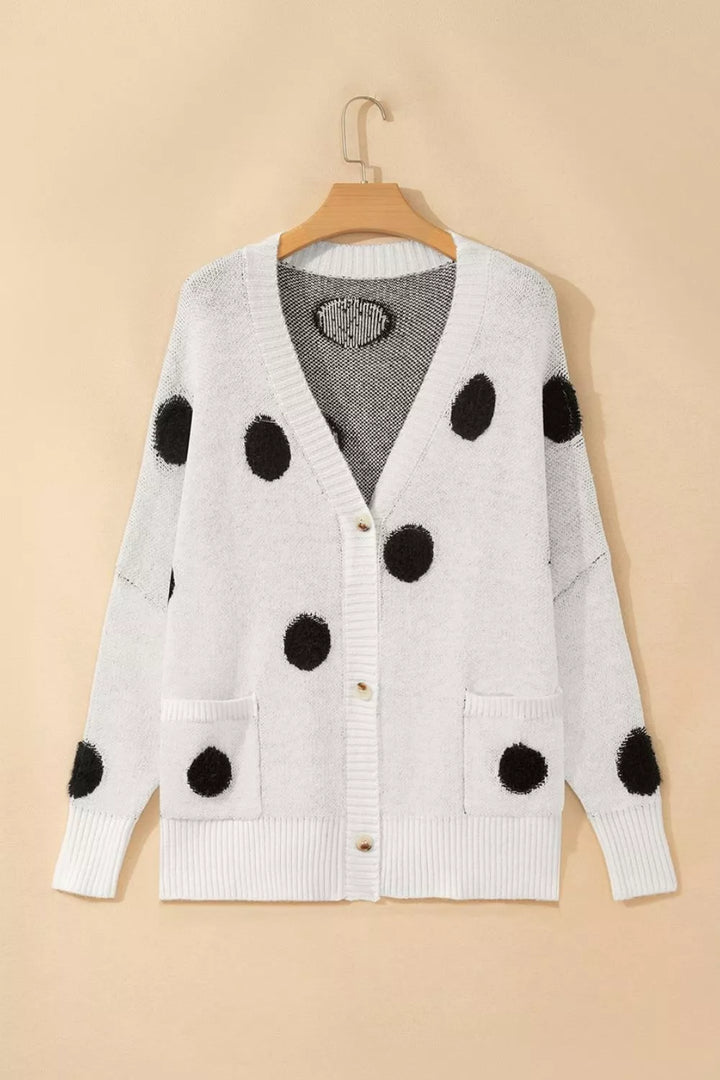 Fuzzy polka dot button-up knit cardigan with pockets