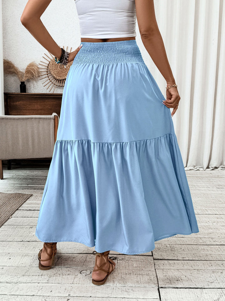 Smocked high-waist tiered ruffle maxi skirt