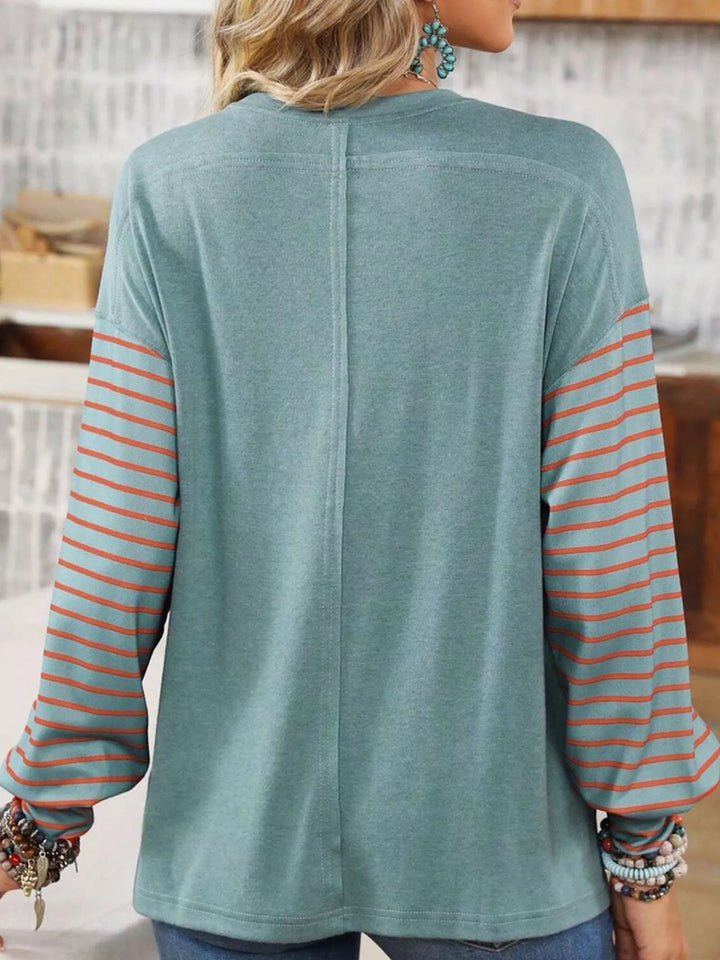 Color block striped long sleeve crew neck top