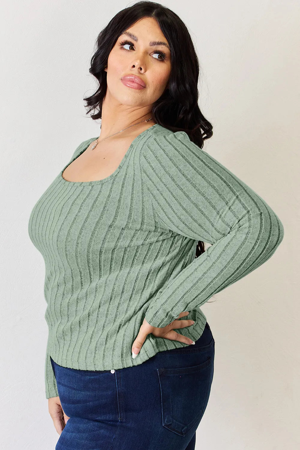 Ribbed scoop neck long sleeve fitted top