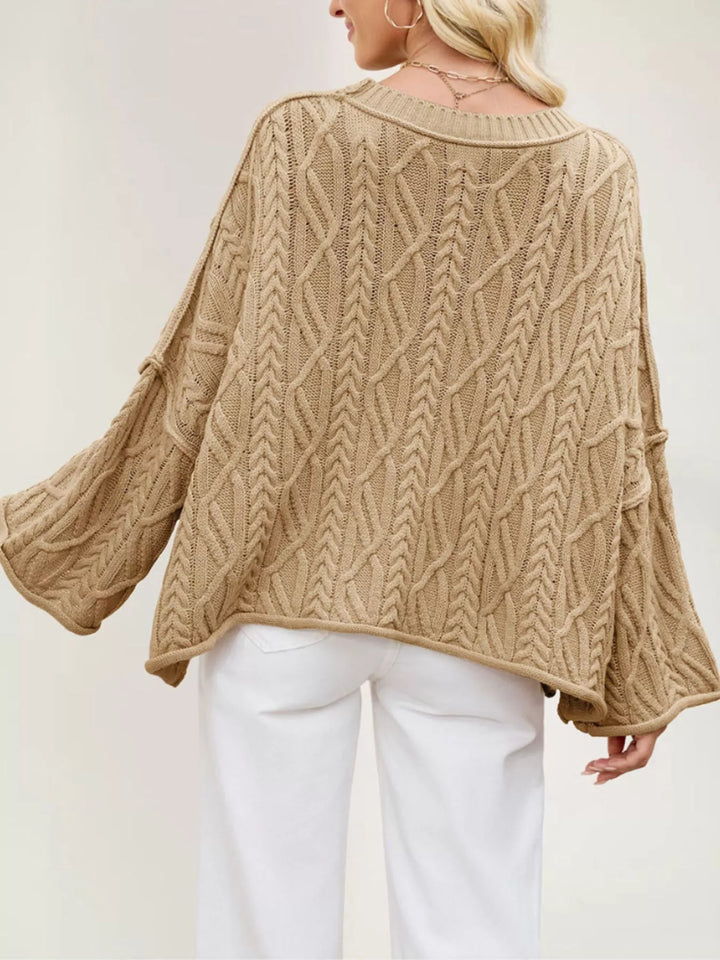 Cable knit drop shoulder oversized sweater with bell sleeves