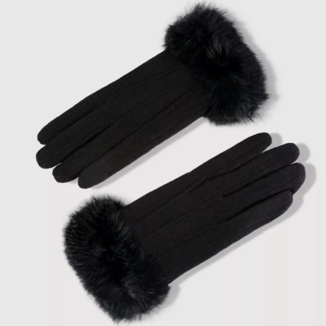 Black Faux fur cuff knit gloves with touchscreen fingertips