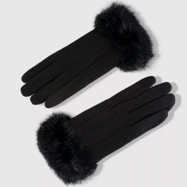 Black Faux fur cuff knit gloves with touchscreen fingertips