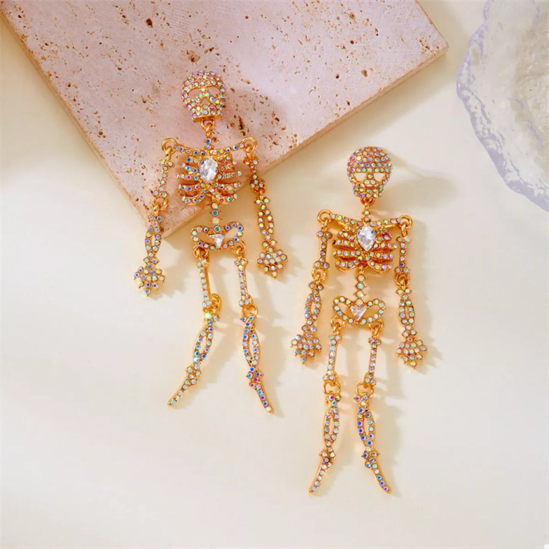 Articulated rhinestone skeleton drop earrings