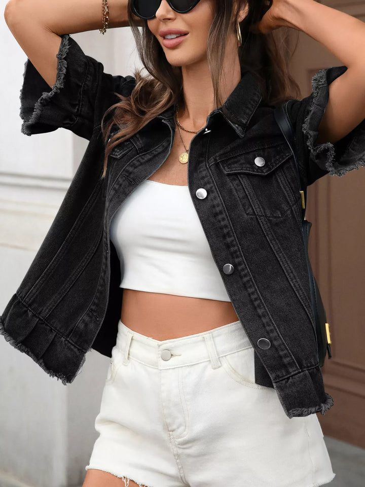 Raw hem ruffled short-sleeve denim jacket