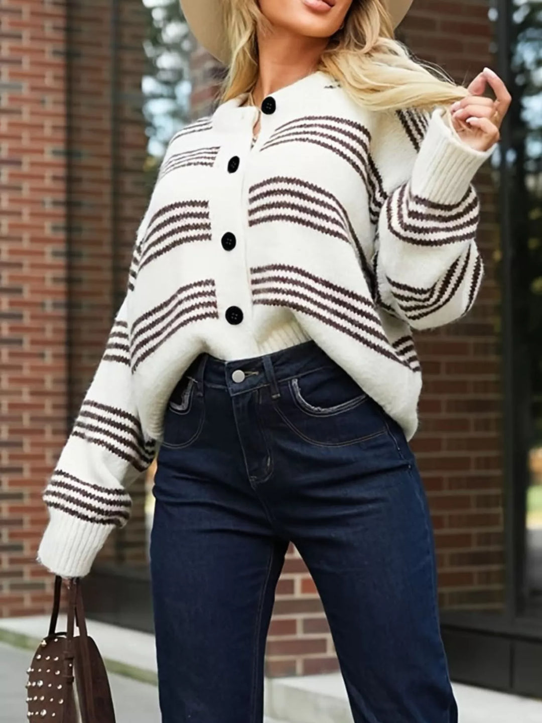 Striped button-down knit cardigan with ribbed trim