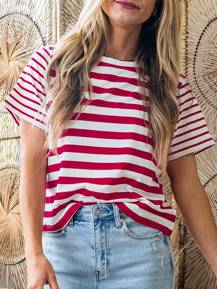 Striped patchwork short sleeve crew neck tee