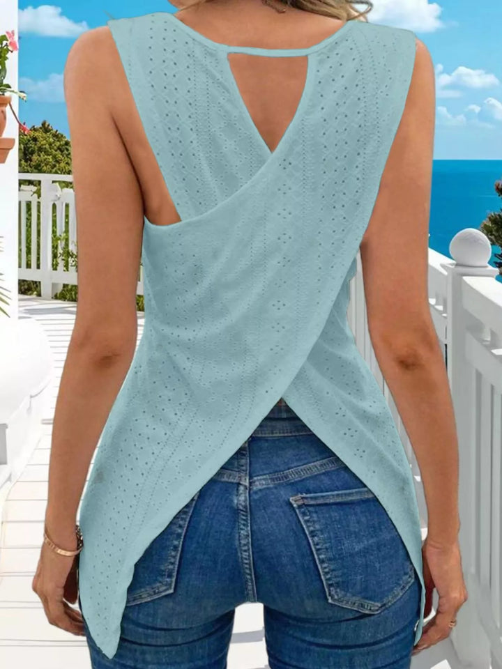 Eyelet openwork crew-neck tank with scalloped hem