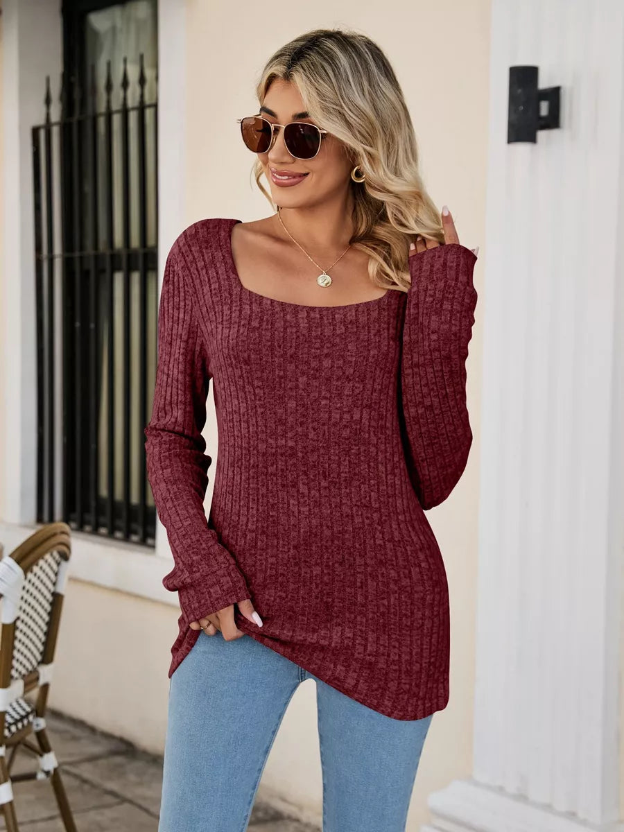 Burgundy Fitted ribbed square neck long sleeve top