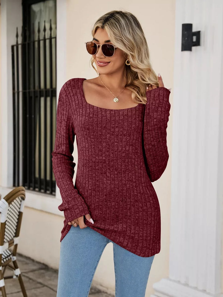 Burgundy Fitted ribbed square neck long sleeve top