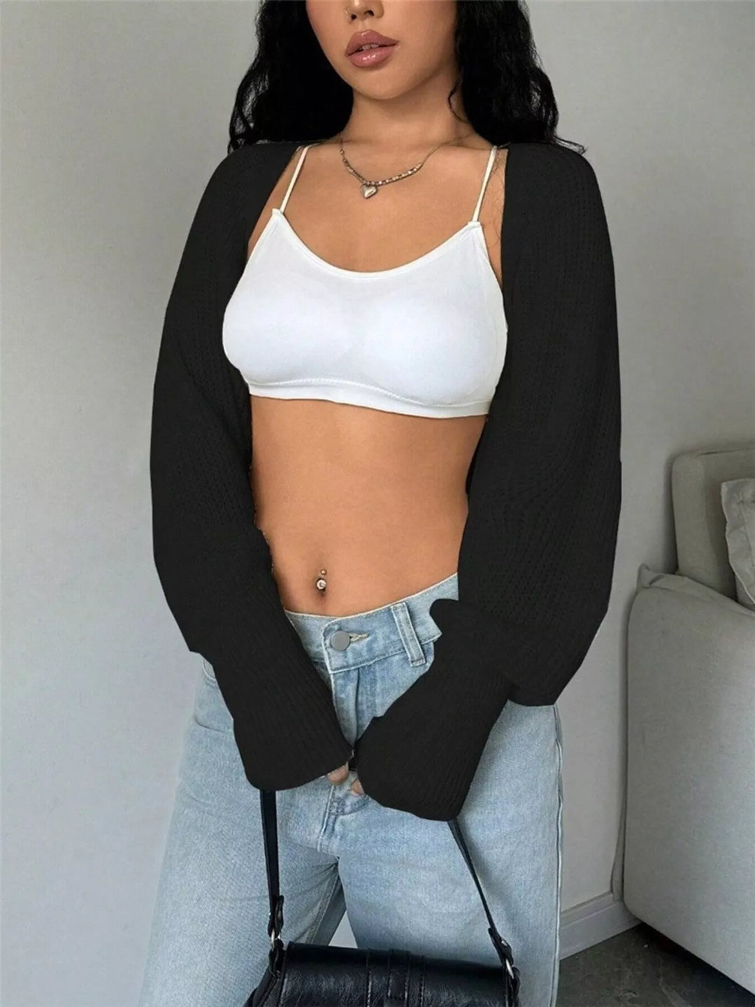 Black Cropped ribbed knit open-front cardigan with balloon sleeves
