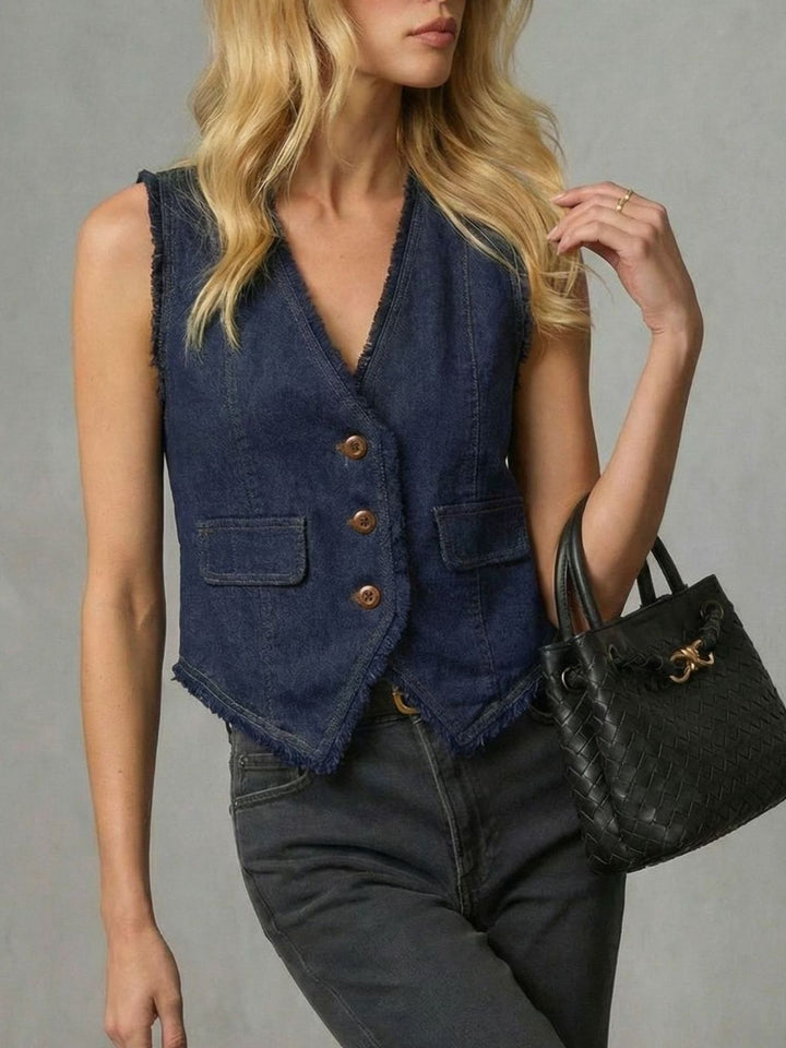 Frayed hem denim vest with V-neck button front