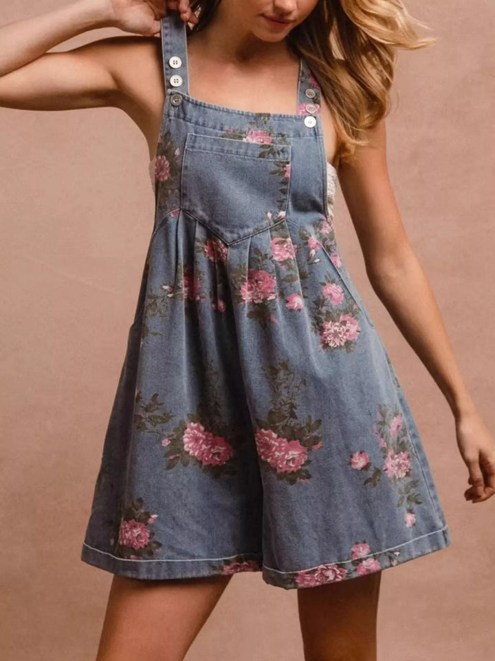 Floral print denim overall pinafore mini dress
