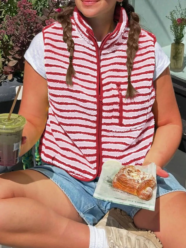 Striped fleece zip-up vest with stand collar
