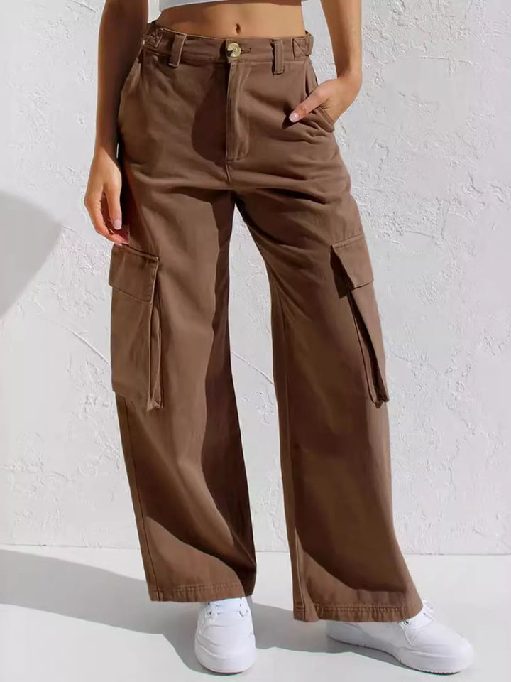 Brown High-rise wide-leg cargo jeans with flap pockets