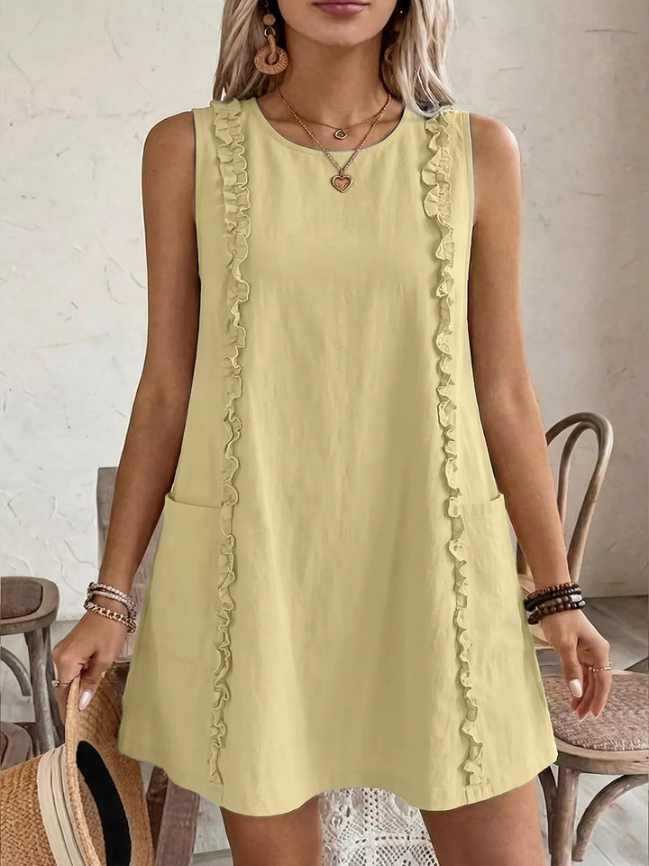 Pastel Yellow Ruffle-trim sleeveless mini dress with side pockets