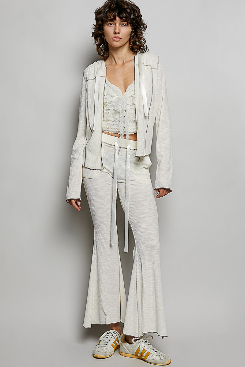 Ribbed knit flare pants with drawstring waist and patch pockets