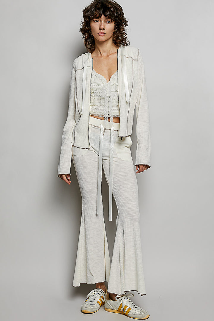 Ribbed knit flare pants with drawstring waist and patch pockets