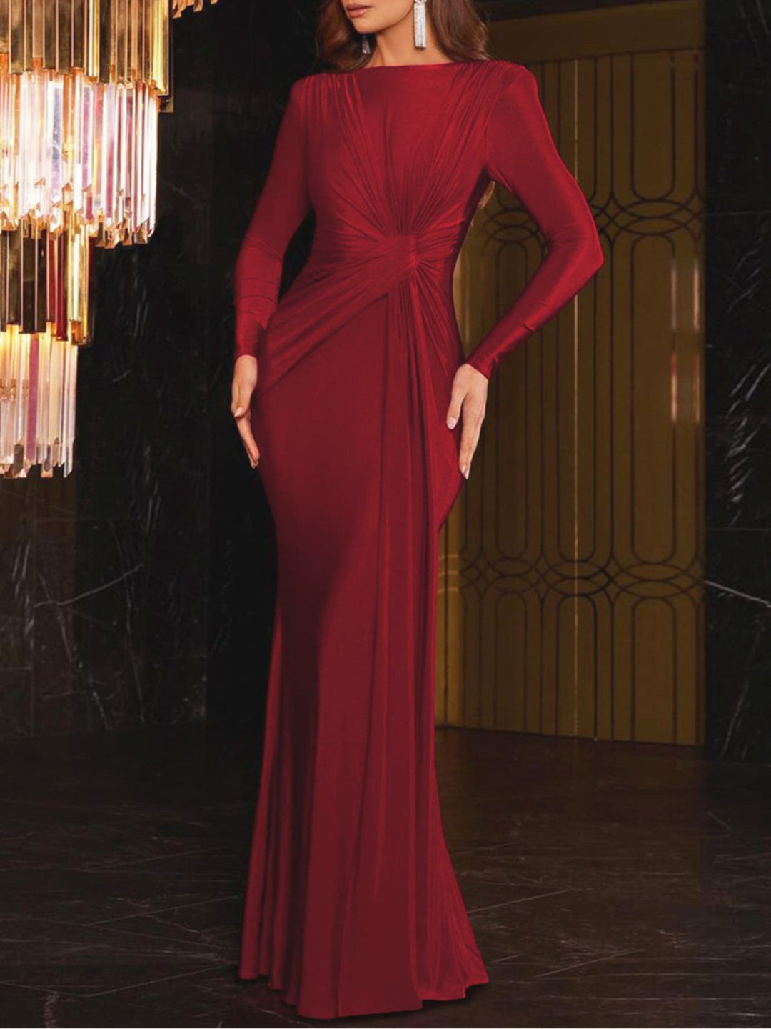 Red Ruched Knot Front Long Sleeve Maxi Dress