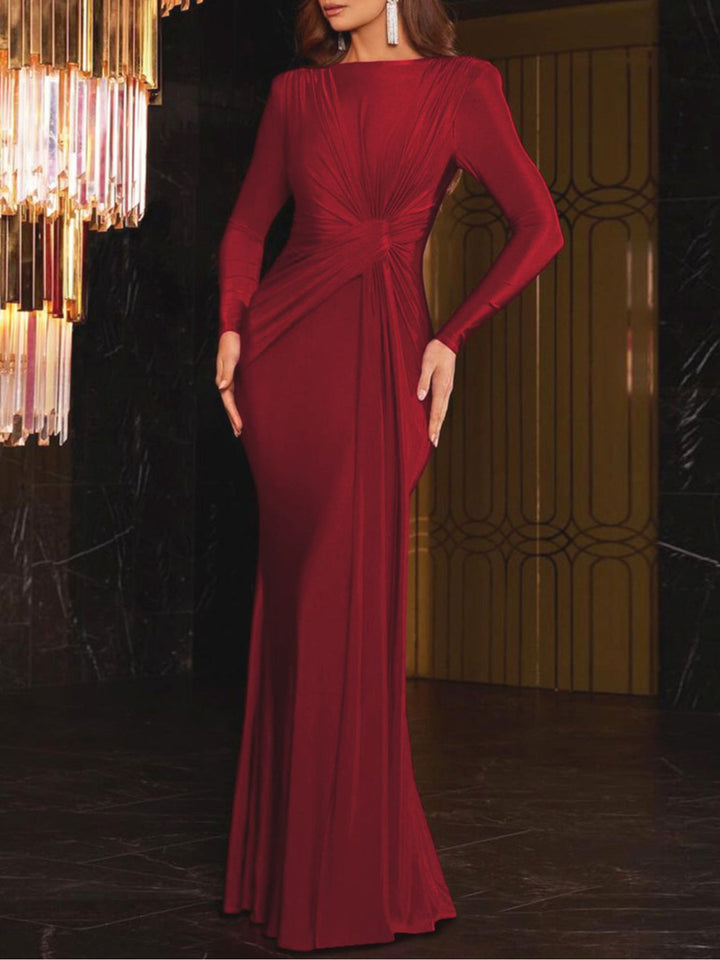 Red Ruched Knot Front Long Sleeve Maxi Dress