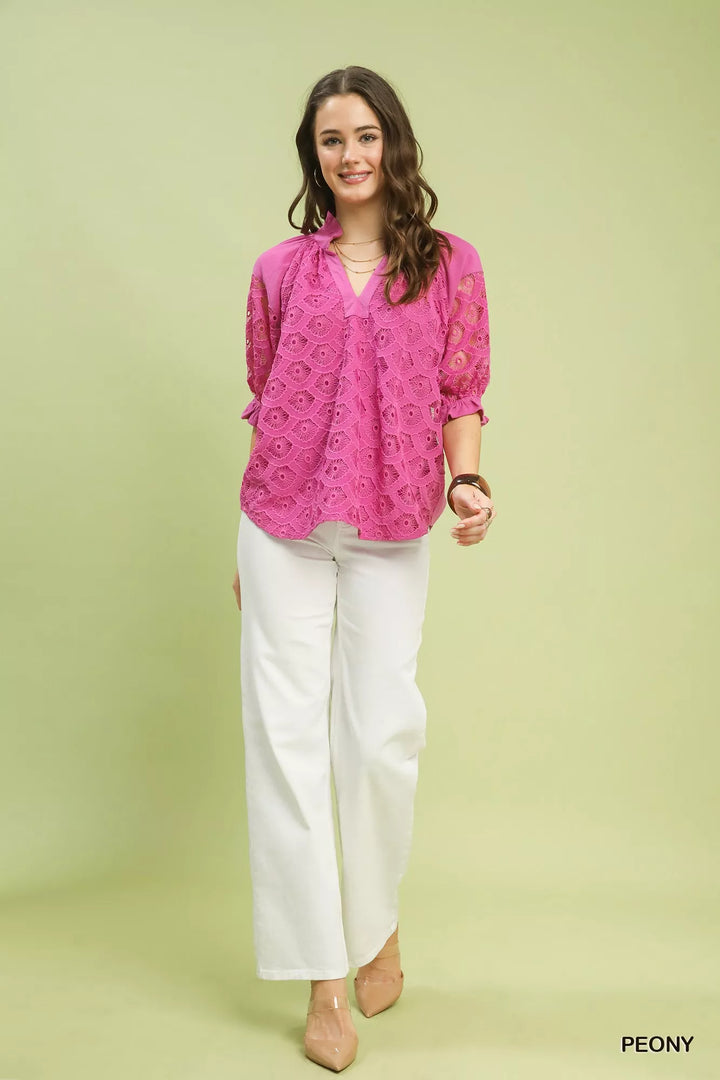 Floral lace puff sleeve top with split v-neck