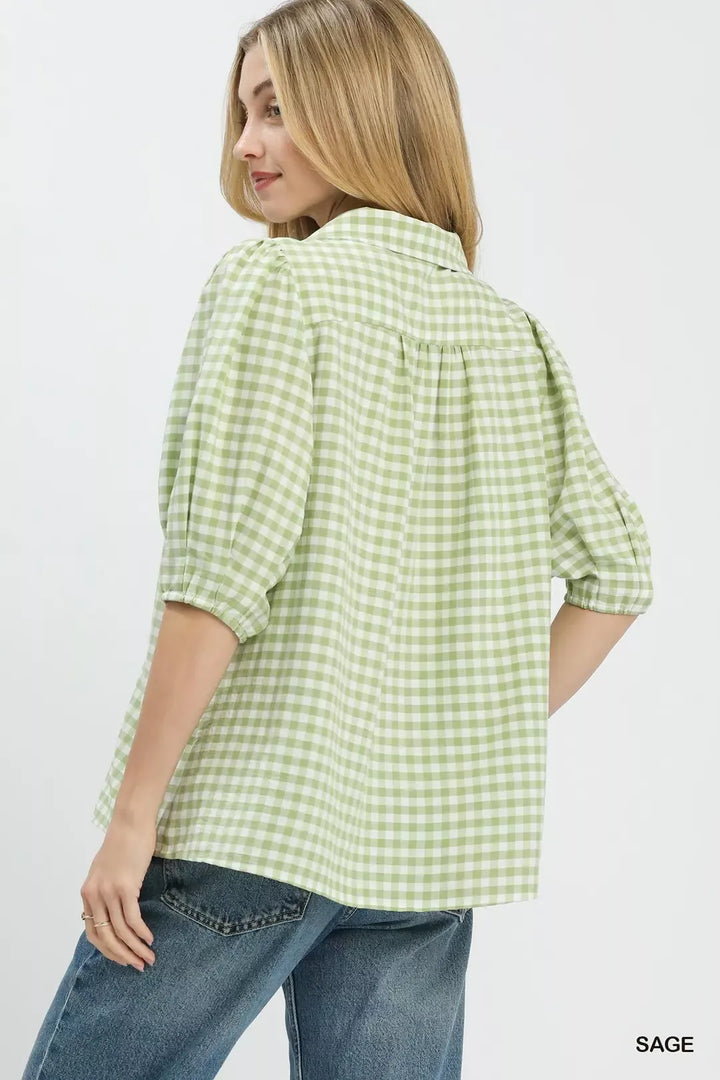 Gingham puff sleeve collared blouse with split V-neck