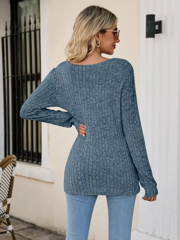 Fitted ribbed square neck long sleeve top