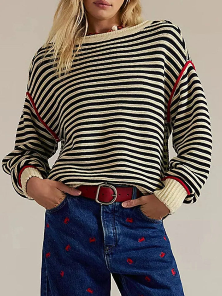 Striped ribbed knit round neck sweater with contrast trim