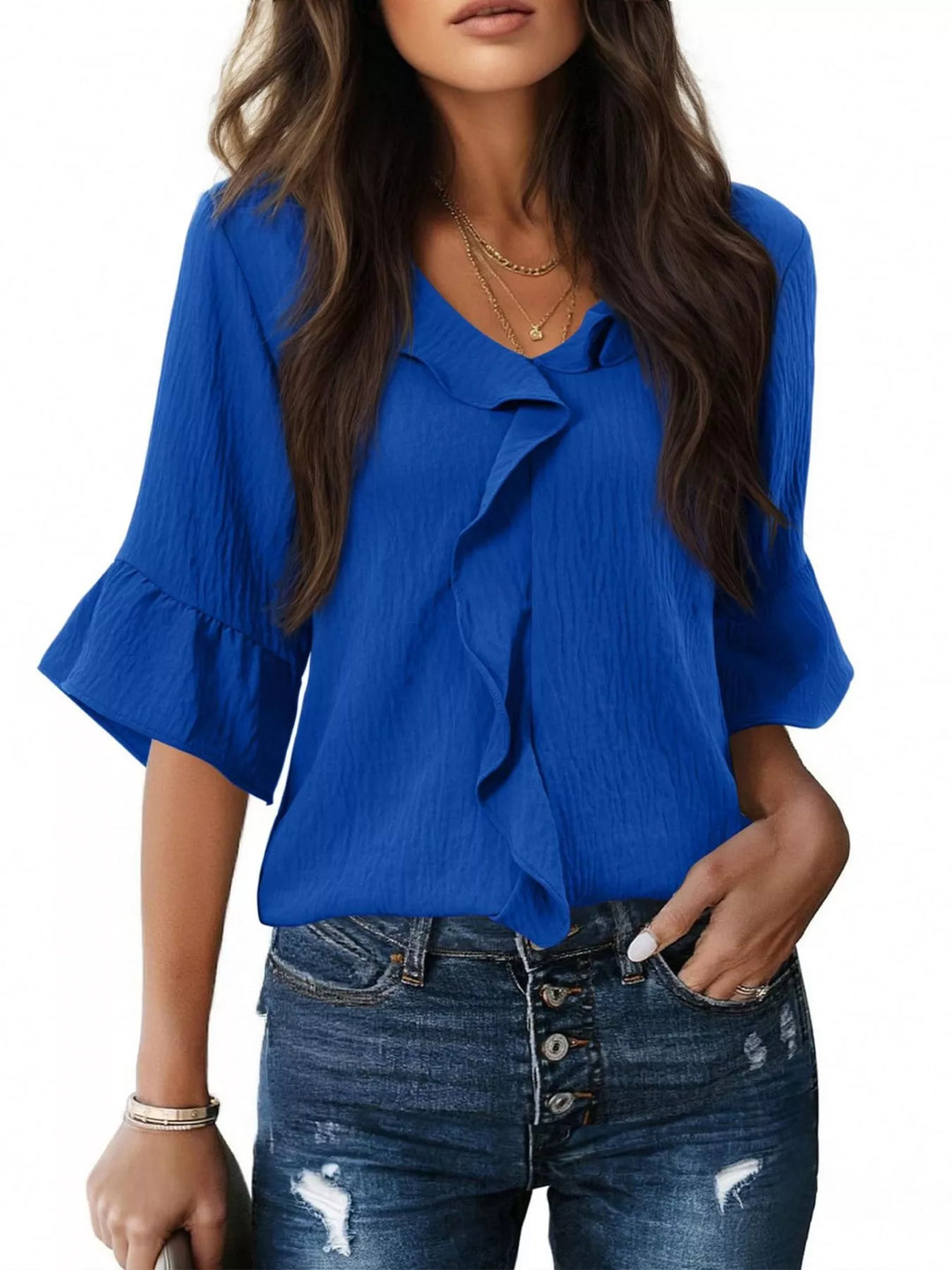 Blue Ruffle trim V-neck blouse with flared bell sleeves