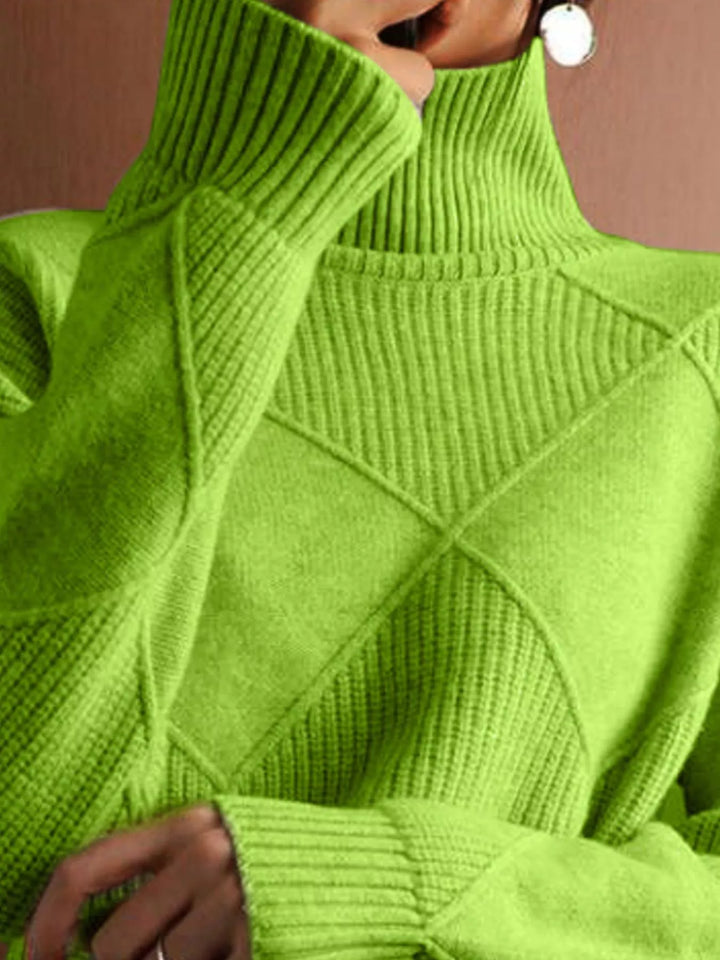 Textured argyle knit turtleneck sweater with ribbed cuffs